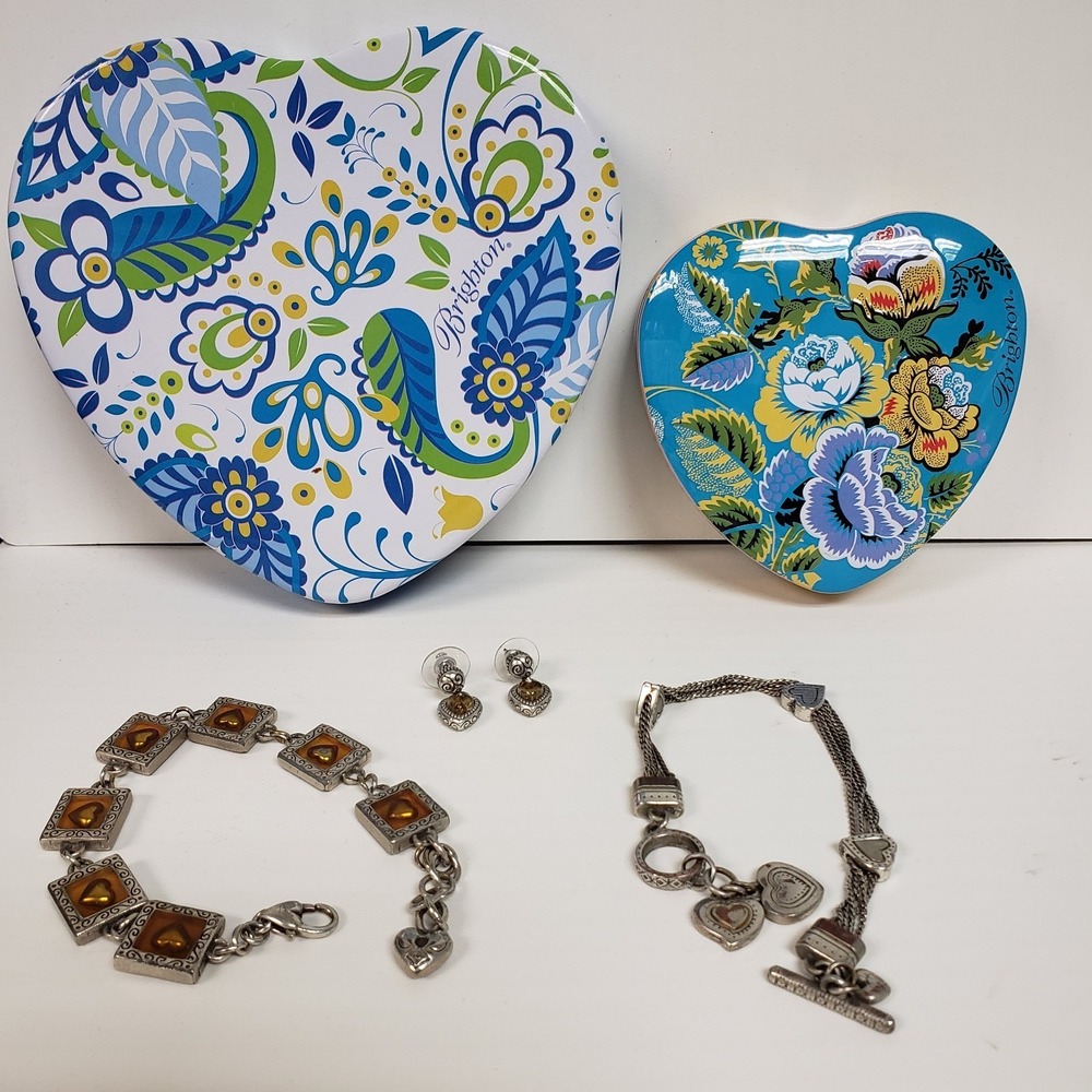 Brighton Lot Of 5 Silver Tone 1 Pr Amber Tone Earrings 2 Bracelets 2 Tins Flawed